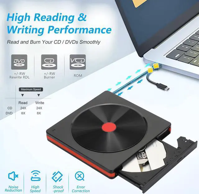 Alt view image 3 of 7 - External CD Drive for Laptop, USB 3.0 Type C CD/DVD +/-RW Slim Optical Drive, DVD/CD ROM Reader writer Burner Dvd player, Portable External CD/DVD Drive for Laptop Desktop PC Windows Linux Mac OS