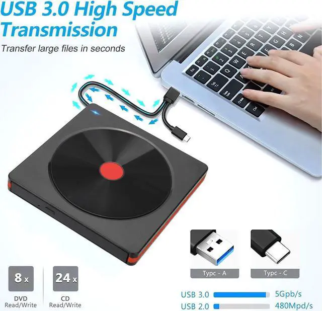 Alt view image 4 of 7 - External CD Drive for Laptop, USB 3.0 Type C CD/DVD +/-RW Slim Optical Drive, DVD/CD ROM Reader writer Burner Dvd player, Portable External CD/DVD Drive for Laptop Desktop PC Windows Linux Mac OS