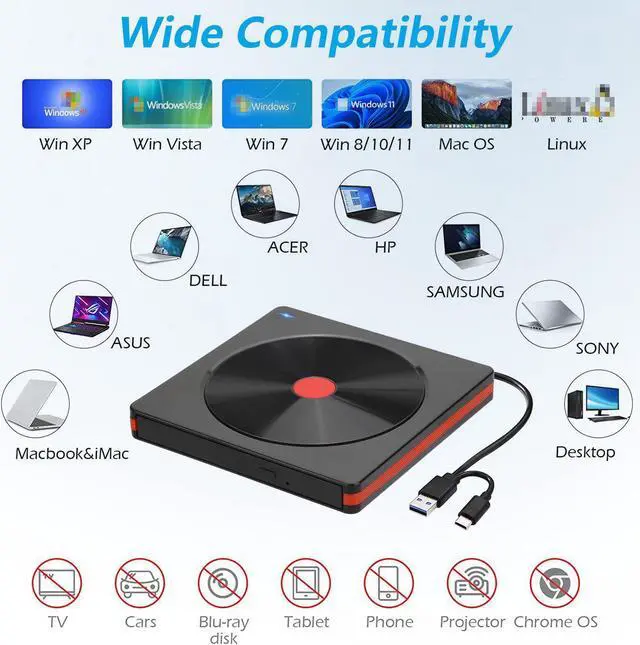 Alt view image 5 of 7 - External CD Drive for Laptop, USB 3.0 Type C CD/DVD +/-RW Slim Optical Drive, DVD/CD ROM Reader writer Burner Dvd player, Portable External CD/DVD Drive for Laptop Desktop PC Windows Linux Mac OS