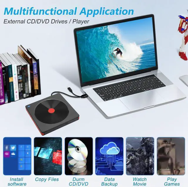 Alt view image 6 of 7 - External CD Drive for Laptop, USB 3.0 Type C CD/DVD +/-RW Slim Optical Drive, DVD/CD ROM Reader writer Burner Dvd player, Portable External CD/DVD Drive for Laptop Desktop PC Windows Linux Mac OS