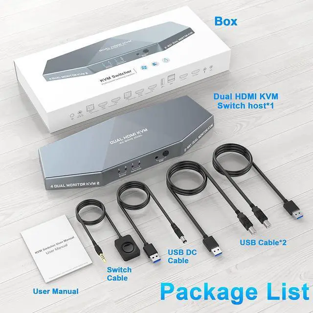 Alt view image 7 of 7 - [New Model] 2 PCs Dual Monitor HDMI KVM Switch 4K, HDMI KVM Switch Dual Monitor Suitable for 2 Computers + 2 Monitors with Audio, USB Powered, Hotkey Switch, 4K Monitor hdmi Switch with Cables