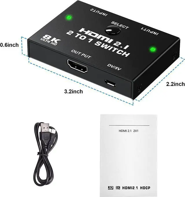 Alt view image 7 of 7 - 8K HDMI Switcher - 2 Ports HDMI 2.1 Switcher 2 in 1 Out HDMI Switcher Support 8K @60Hz 4K @120Hz 3D HDR for PS5 PS4 Pro Xbox One X Blue-Ray HDTV Player