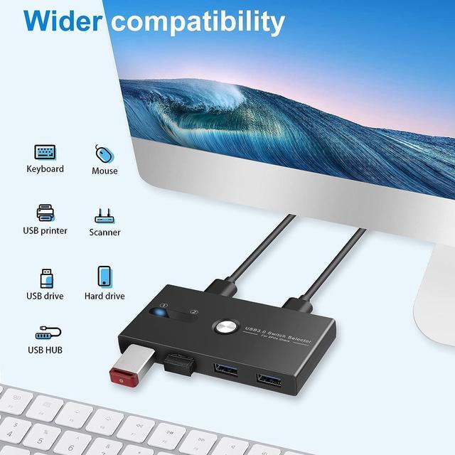 Alt view image 2 of 7 - USB 3.0 KVM Switch Selector 2 Computers Sharing 4 USB Devices 4 Port USB Peripheral Switcher Box 2 in 4 Out with One-Button Swapping 2 Pack USB 3.0 Cable for Mouse, Keyboard, Scanner,Printer,Computer