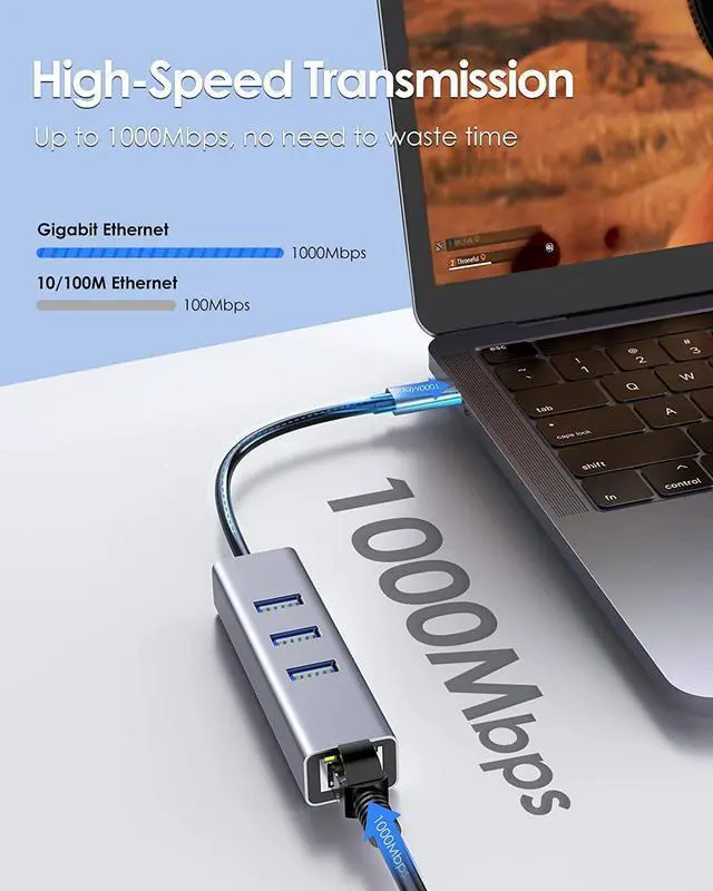 Alt view image 3 of 7 - [4 in 1] USB C Hub with 3x USB 3.0 Ports, 1000Mbps RJ45 Gigabit Ethernet Port, Aluminum USB Extender Splitter, Type-C to USB 3.0 Multiport Hub for Laptop/MacBook/Mac Pro Mini/Surface Pro/PC