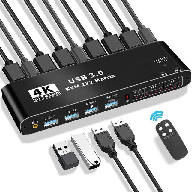 Main image of 2x2 HDMI KVM Matrix Switch 4K @60Hz, Dual Monitor KVM HDMI Extended Display USB 3.0 HDMI KVM Switcher 2 in 2 out for 2 PC 2 Monitors, Support USB Hub, Audio, Hotkey, Button Switching, with IR Remote