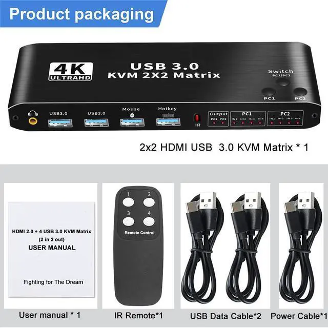 Alt view image 7 of 7 - 2x2 HDMI KVM Matrix Switch 4K @60Hz, Dual Monitor KVM HDMI Extended Display USB 3.0 HDMI KVM Switcher 2 in 2 out for 2 PC 2 Monitors, Support USB Hub, Audio, Hotkey, Button Switching, with IR Remote