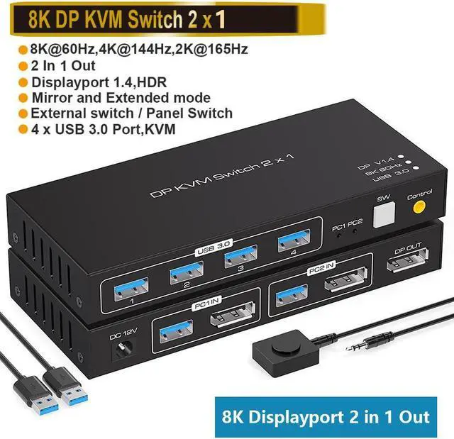 Main image of 2 Port Displayport KVM Switch 2 in 1 Out, Support 4K @120HZ 8K @60HZ DP 1.4 USB 3.0 KVM Switcher for 2 Computers Share Keyboard Mouse Printer with 4x USB 3.0 Includes Desktop Control and 2 USB Cables