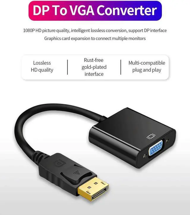 Alt view image 2 of 7 - DisplayPort (DP) to VGA Adapter, Gold-Plated Display Port to VGA Adapter (Male to Female) for Computer, Desktop, Laptop, PC, Monitor, Projector, HDTV-Black 2-Pack