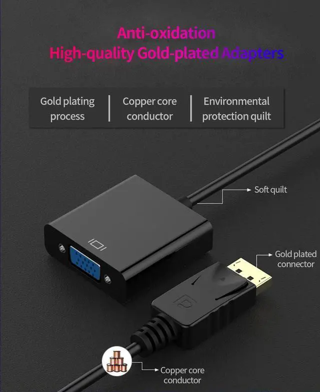 Alt view image 4 of 7 - DisplayPort (DP) to VGA Adapter, Gold-Plated Display Port to VGA Adapter (Male to Female) for Computer, Desktop, Laptop, PC, Monitor, Projector, HDTV-Black 2-Pack