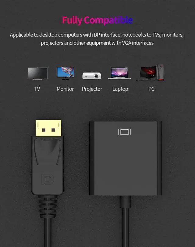 Alt view image 6 of 7 - DisplayPort (DP) to VGA Adapter, Gold-Plated Display Port to VGA Adapter (Male to Female) for Computer, Desktop, Laptop, PC, Monitor, Projector, HDTV-Black 2-Pack