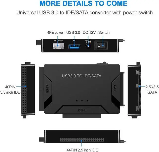 Alt view image 2 of 7 - USB 3.0 to IDE and SATA Converter External Hard Drive Adapter Kit for Universal 2.5/3.5 HDD/SSD Hard Drive Disk, One Touch Backup Function, Included 12V/2A Power Adapter