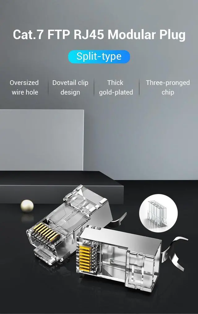 Alt view image 2 of 7 - 50-Pack CAT7 RJ45 Connector Metal Shielded Gold Plated 8P8C Ethernet Connector Modular Network Plug Connector