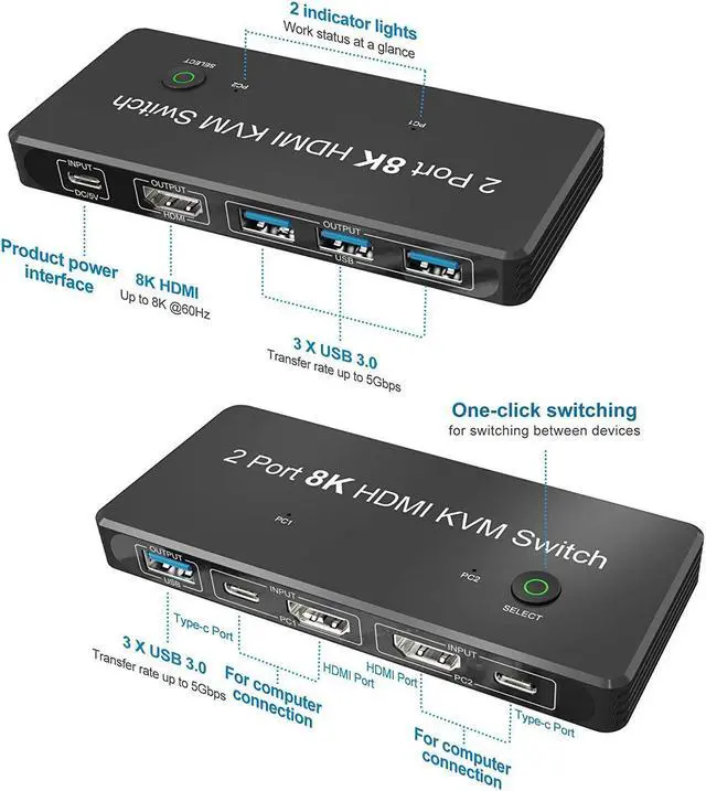 Alt view image 7 of 7 - 2 Port 8K HDMI KVM Switch 2 in 1 Out 8K@60Hz 4K@120Hz 2 PC to 1 Monitor with 4 USB 3.0 Ports for Sharing Keyboard, Mouse, U Disk
