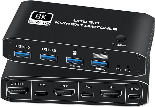 Main image of HDMI KVM Switch, 8K USB Switch 2x1 HDMI2.1 Ports + 4X USB3.0 KVM Ports, Share 2 Computers one Monitor Switch,Supports 8K 60Hz,4K 120Hz,YUV 4:4:4, HDCP 2.3, HDR 10, Hotkey