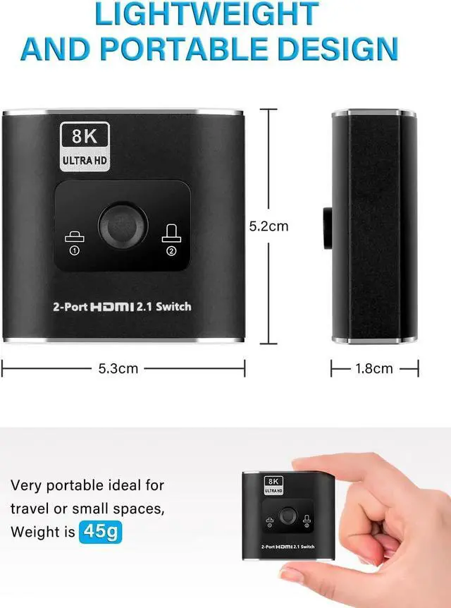 Alt view image 2 of 7 - HDMI 2 in 1 Out Switch 8K 60Hz Ultra HD, High Speed 48Gbps, Supports 8K@60Hz 4K@120Hz, Compatible for PS5/PS4 Projectors Monitor Blu-Ray Player Xbox etc