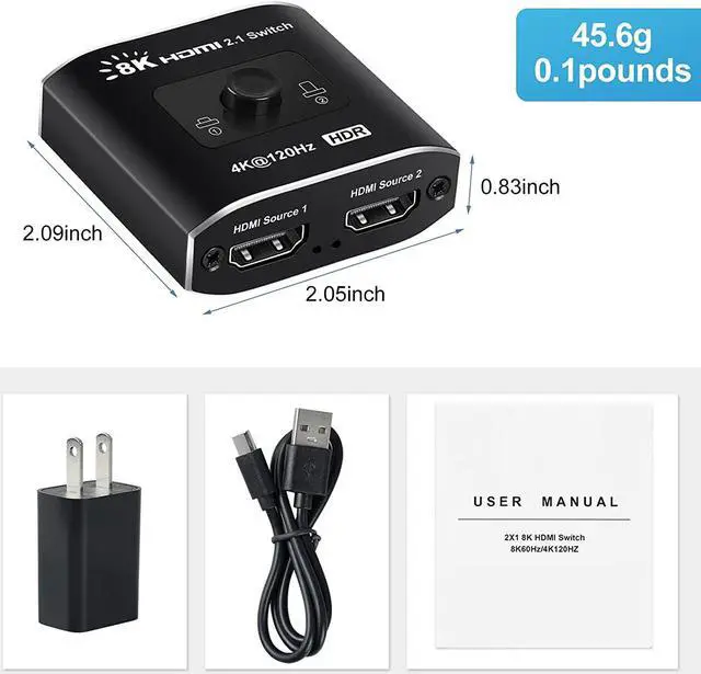 Alt view image 7 of 7 - 8K@60Hz HDMI 2.1 Switch, 4K@120Hz HDMI Switch 2 in 1 Out, 2 Ports HDMI Switcher Selector, Support 1080P@240Hz, 48Gbps High Speed for PS5, Xbox, Fire Stick, Roku, UHD Monitor Projector