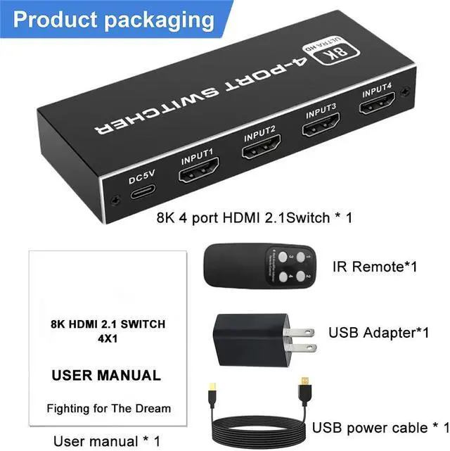 Alt view image 2 of 7 - 8K HDMI 2.1 Switch , HDMI Switch 4 in 1 Out with IR Remote Control, 4K @60hz HDMI Switcher Box 8K@60Hz/4K@120Hz, 48Gbps, Support for Nintendo Switch PS4/PS5, Xbox 360/One Fire tv Stick