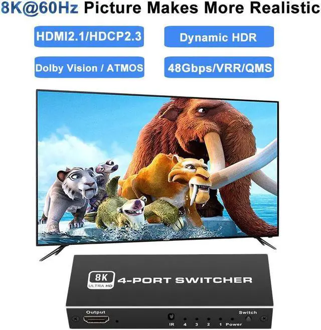 Alt view image 7 of 7 - 8K HDMI 2.1 Switch , HDMI Switch 4 in 1 Out with IR Remote Control, 4K @60hz HDMI Switcher Box 8K@60Hz/4K@120Hz, 48Gbps, Support for Nintendo Switch PS4/PS5, Xbox 360/One Fire tv Stick