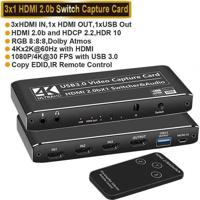 Main image of 4K@60Hz 3X1 HDMI Audio Video Capture Card with Mic&Audio, HDMI USB3.0/Type-C Capture Adapter Video Converter 4K 60fps for Video Game Recording Live Streaming Broadcasting,Support Nintendo Switch/Game