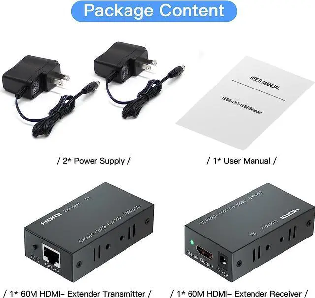 Alt view image 7 of 7 - HDMI Extender, 1080P HDMI Transmitter and Receiver Up to 60 Meters(196ft), HDMI Ethernet Sender Repeater Over Singal RJ45 Cat5e/Cat6 Ethernet LAN Cable, HDMI Sender Transmitter Receiver