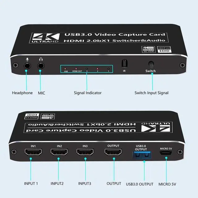 Alt view image 2 of 7 - 4K@60Hz 3X1 HDMI Audio Video Capture Card with Mic&Audio, HDMI USB3.0/Type-C Capture Adapter Video Converter 4K 60fps for Video Game Recording Live Streaming Broadcasting,Support Nintendo Switch/Game