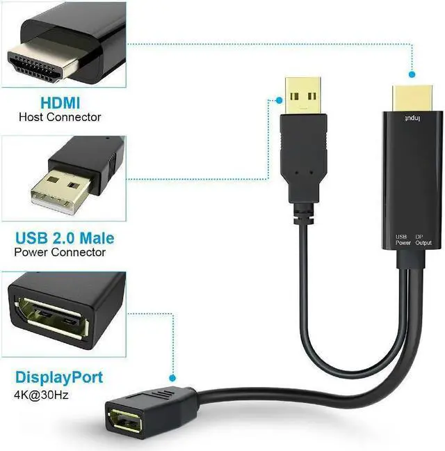 Alt view image 3 of 7 - 4K 60Hz HDMI to DisplayPort Video Adapter w/USB Power - HDMI 2.0 (Male) to DP 1.2 (Female) Active Monitor Converter