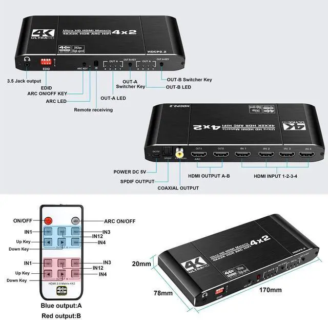 Alt view image 2 of 7 - HDMI 2.0 Matrix Switcher Splitter 4x2 4K@60Hz HDR UHD 18Gbps ARC Audio Extractor SPDIF Coaxial 3.5mm Audio EDID Setting HDCP2.2 eokCXOY