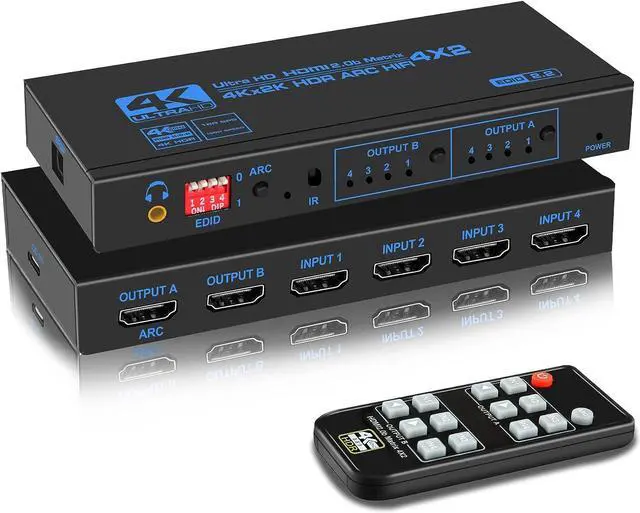 Main image of 4K@60Hz HDMI Matrix Switch 4X2 with ARC, 4 in 2 Out Matrix HDMI Video Switcher Splitter + Optical & 3.5mm Stereo Audio, Scaler 4K 1080P Synch, HDMI Audio Extractor with IR Remote Control