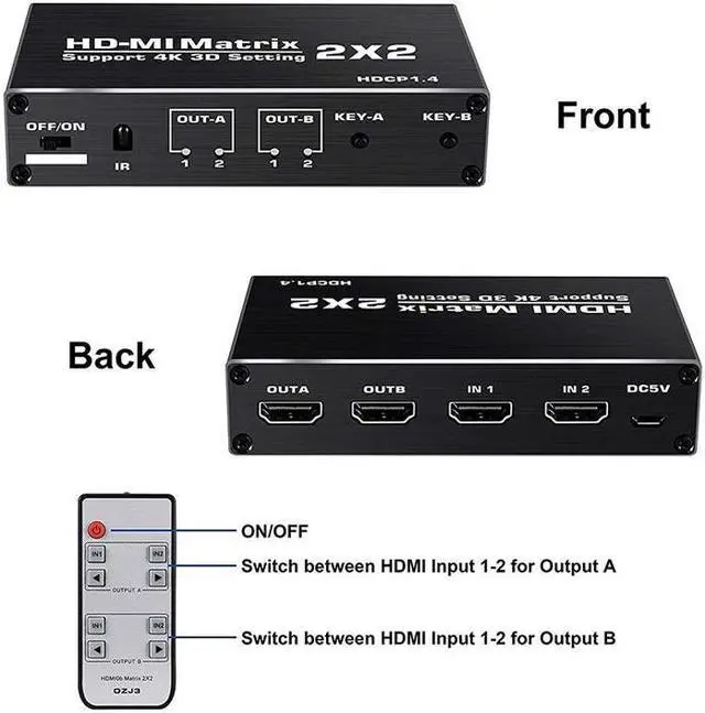 Alt view image 2 of 7 - HDMI Matrix Switch 2x2, 4K@60Hz HDMI Switch Adapter 2 in 2 Out with IR Remote Control, Support HDMI 2.0b, HDCP2.2, HDR10, Ultra HD, 3D