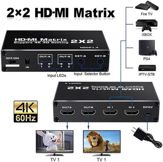 Alt view image 3 of 7 - HDMI Matrix Switch 2x2, 4K@60Hz HDMI Switch Adapter 2 in 2 Out with IR Remote Control, Support HDMI 2.0b, HDCP2.2, HDR10, Ultra HD, 3D