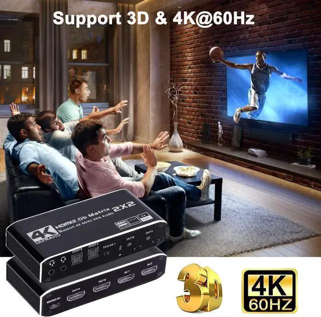 Alt view image 7 of 7 - HDMI Matrix 2x2, 4K@60Hz HDMI Matrix Switch 2 in 2 Out with IR Remote Control, Support HDMI 2.0b, HDCP2.2, HDR10, Ultra HD, 3D