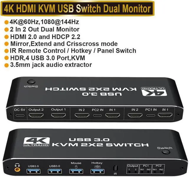 Main image of 4K 60Hz KVM Switch HDMI 2 Port 2 Monitor HDMI KVM Switch USB 3.0 PC Computer KVM Switch Keyboard Mouse Switcher Box for Laptop,PS4,Xbox