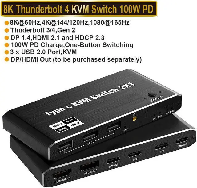 Main image of USB C KVM Switch 8K@60Hz 4K@120Hz, 2 Port Type C KVM Switch for 2 Computers Share 1 Monitor, USB C KCM with 3 USB 2.0 Ports & 100W Power Delivery, 2 USB-C Cables Included