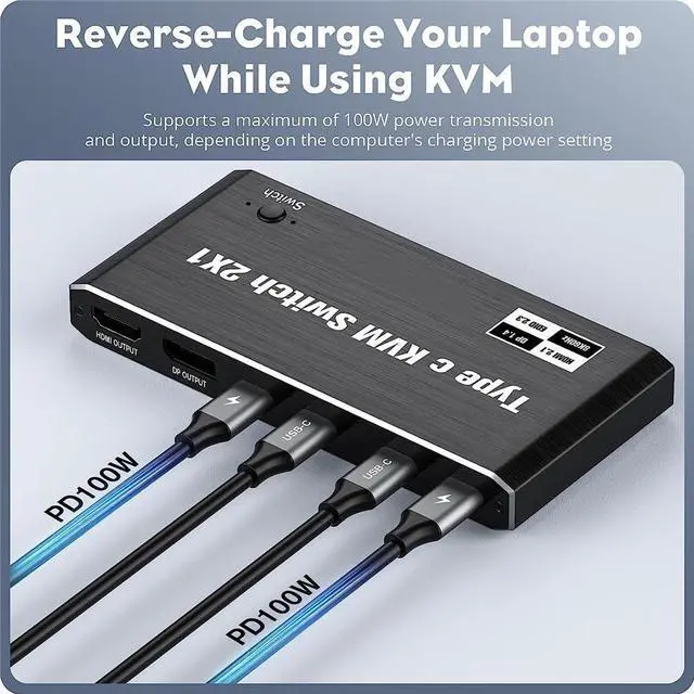 Alt view image 6 of 7 - USB C KVM Switch 8K@60Hz 4K@120Hz, 2 Port Type C KVM Switch for 2 Computers Share 1 Monitor, USB C KCM with 3 USB 2.0 Ports & 100W Power Delivery, 2 USB-C Cables Included