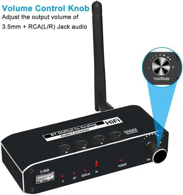 Alt view image 6 of 7 - DAC Digital to Analog Audio Converter With Bluetooth Receiver Optical Toslink USB Disk to RCA 3.5mm Jack Stereo Adapter