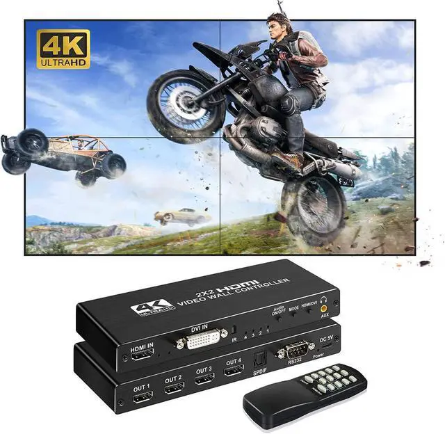 Main image of 2x2 HDMI Video Wall Controller, 4K x 2K HD Display, 180 Degree Rotate, 8 Display Modes - 2x2, 1x2, 1x3, 1x4, 2x1, 3x1, 4x1, HDMI Input 4K & Output 1080P