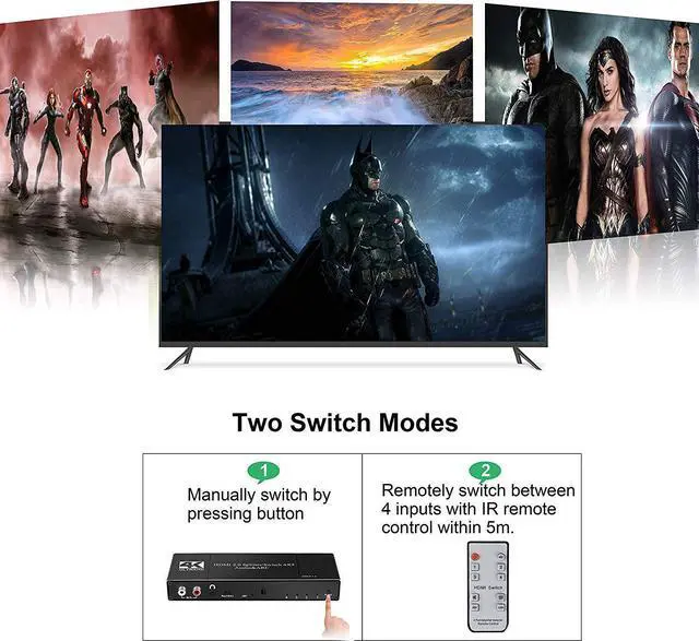 Alt view image 5 of 7 - 4K HDMI Switch Splitter, 4 in 2 Out HDMI Switch Splitter Support ARC with R/L 3.5mm Audio + Coaxial + SPDIF Audio Extractor Function with IR Remote Control