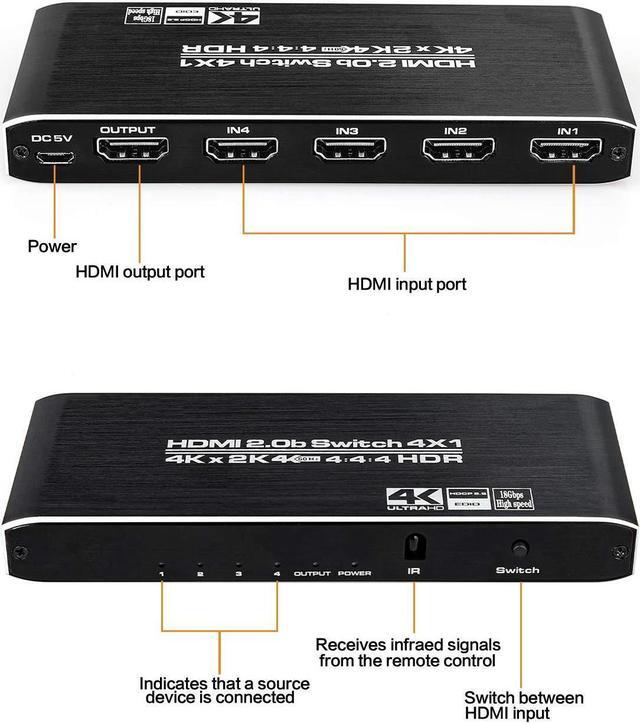 Alt view image 2 of 7 - 4K HDMI Switch 4x1, 4 Port HDMI Selector Switcher 4 in 1 Out with IR Remote Control Support 4K@60Hz, 4Kx2K, HDR, HDMI 2.0b, HDCP 2.2, 3D, 1080P