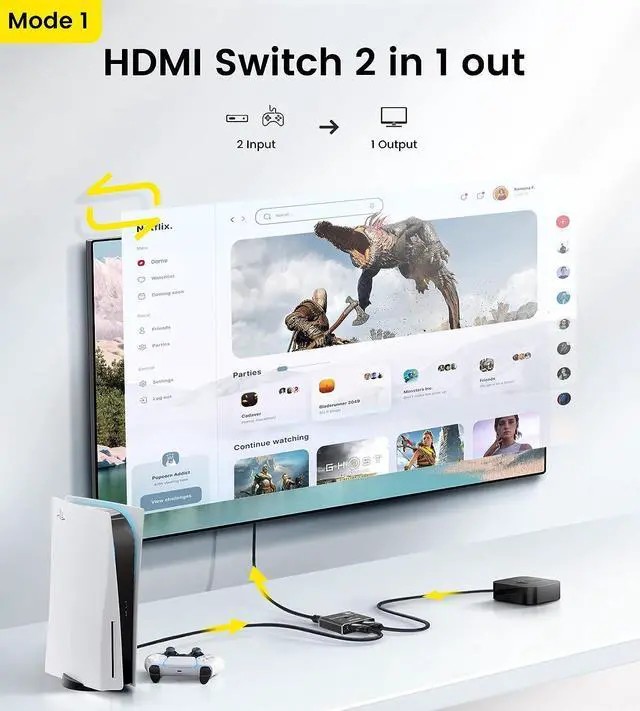Alt view image 4 of 7 - HDMI Switch 4K 120Hz, 8K HDMI 2.1 Switch Splitter 2 in 1 Out/1 in 2 Out, Aluminum Alloy Bi-Directional Switcher Support Ultra HD 8K@60Hz 4K@144Hz High Speed 48Gbps for PS4, PS5, Xbox Series X