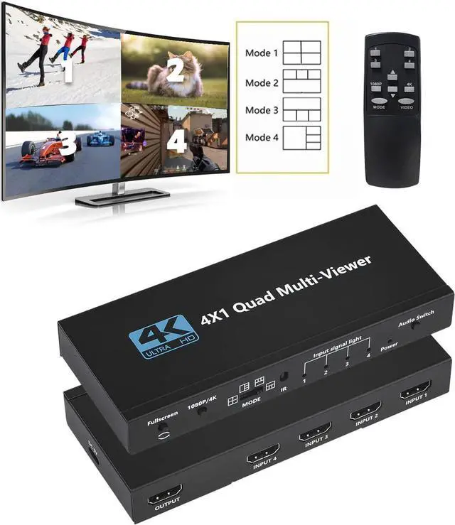 Main image of HDMI Multiviewer Switch 4x1, Quad Seamless Switcher 4 in 1 Out with IR Remote Control, Support 4K Full HD and 5 Display Modes for Security Camera, Gaming Consoles