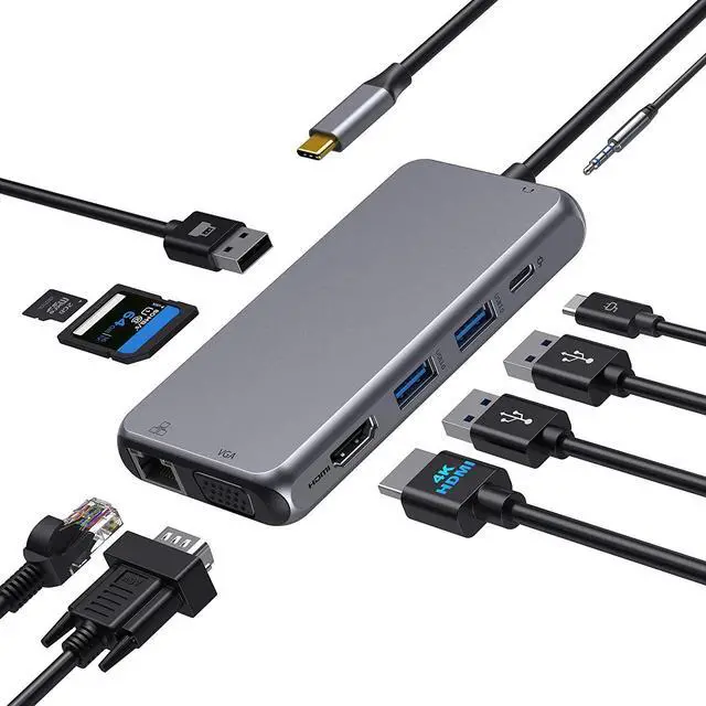 Main image of USB C Hub Type C Multiport Adapter for MacBook Pro/Air, 10 in 1 Mac Dongle with HDMI, Ethernet, VGA, PD Port, 3 USB 3.0, SD/TF Card Reader and Mic/Audio for Windows Type C Laptops