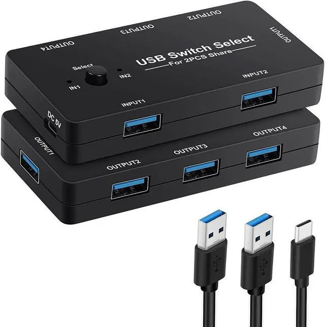 Main image of USB Switcher Selector, 2 Computers Sharing 4 USB Devices KVM Switcher, One-Button Swapping Box for Mouse Keyboard Scanner Printer PCs
