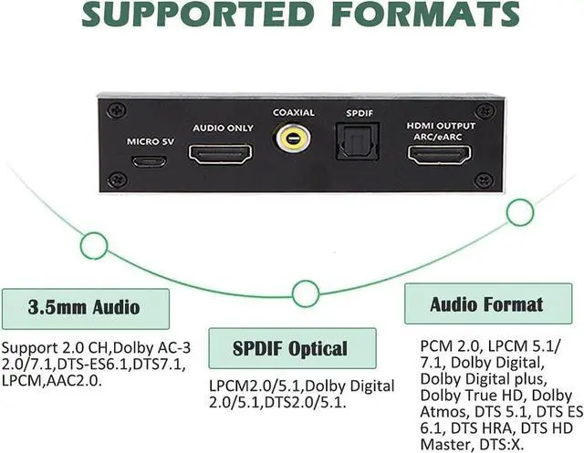 Alt view image 4 of 7 - 4K HDMI Audio Extractor Splitter, HDMI to HDMI + Optical Toslink SPDIF + 3.5mm Audio Jack + Coaxial + 7.1Ch HDMI Audio Support ARC and eARC Function