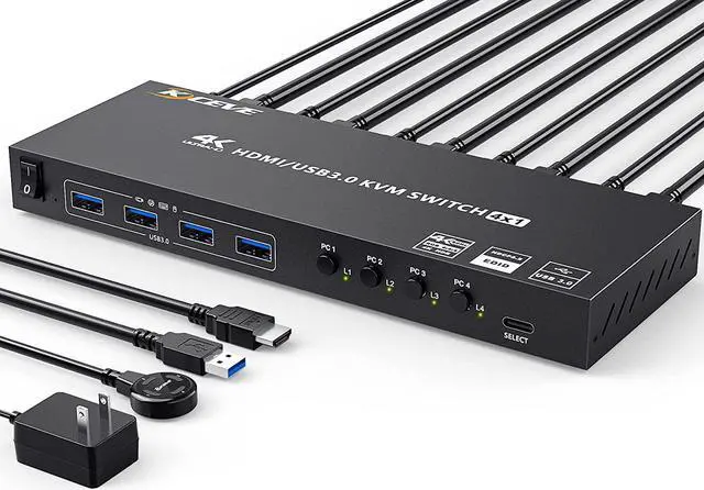 Main image of USB 3.0 KVM Switch HDMI 4 Port Support 4K @60Hz 2K @120Hz Simulation EDID, USB HDMI KVM Switch 4 in 1 Out for 4 Computers Share 1 Monitor and 4 USB 3.0 Port, with Desktop Controller and KVM Cables