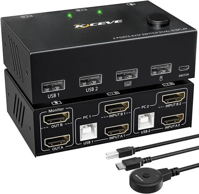 Main image of 2 Port Dual Monitor HDMI KVM Switch 4K @30Hz, HDMI USB KVM Switch for 2 PCs 2 monitors with 4 USB 2.0 Hub, KVM switch with 2 HDMI and 2 USB cables, Button Switch, Compatible with Windows/Linux/Mac OS