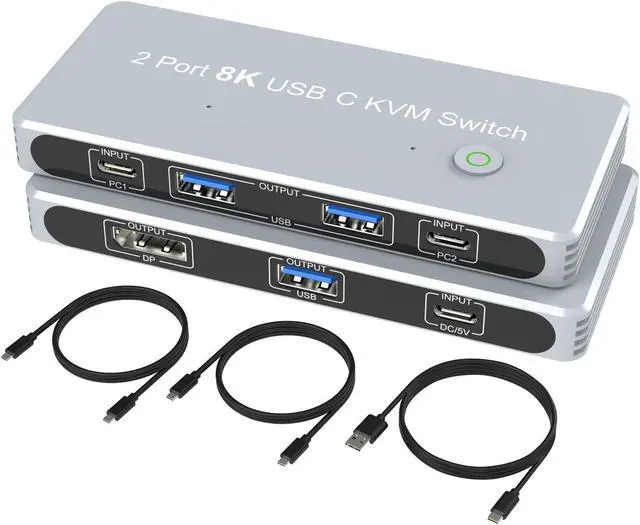 Main image of USB-C 8K KVM Switch DP 1.4 2xUSB-C PC to One DisplayPort Monitors 8K@60Hz 4K@144Hz 3X USB2.0 Sharing Mouse Keyboard Printer 2in 4out Converter Compatible with Thunderbolt 3/4