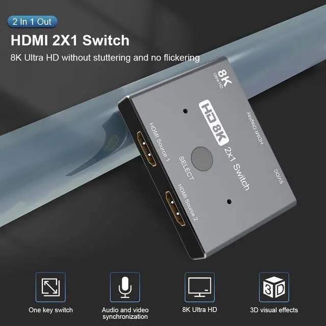 Alt view image 3 of 7 - HDMI 2.1 Switch 8K Ultra HD 2 in 1 Out unidirectional Switcher Grey 8K@60Hz 4K@120Hz 48Gbps with Switch Button Compatible with PS5 Xbox Set-top Box etc More