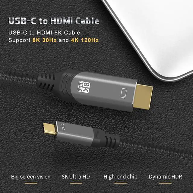 Alt view image 2 of 7 - USB C to HDMI 2.1 Cable 8K@30Hz 4K@240Hz 3.3FT Thunderbolt 4/3 to HDMI 48Gbps HDR HDCP2.3 Type C to HDMI Cord Compatible for MacBook Pro Air iPad, iPhone 15 Pro Max, Galaxy S23, Pixel 7