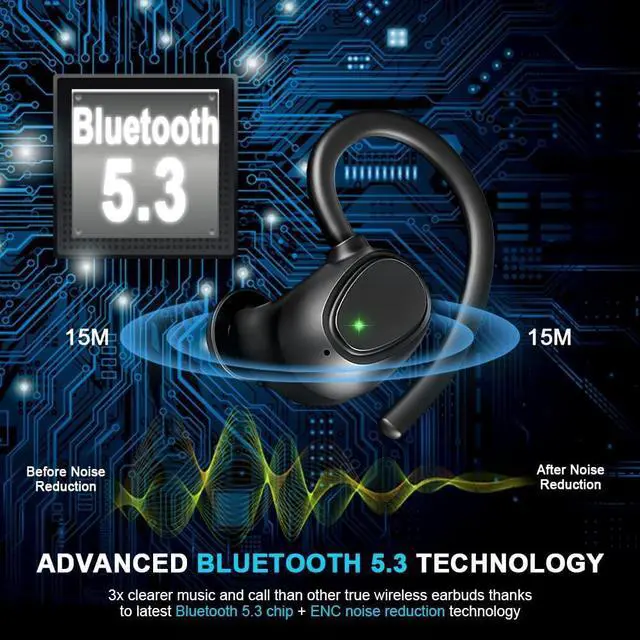 Alt view image 3 of 7 - True Wireless Earbuds, Bluetooth 5.3 Earbuds Running Wireless Headphones In Ear with ENC Mics, Wireless Earphones Noise Cancelling Ear buds with Sport Earhook IP7 Waterproof, 48H Stereo Bass/USB-C/LED