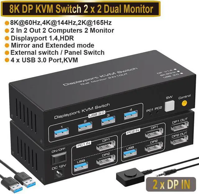 Main image of Dual Monitor Displayport KVM Switch, 2 Port DP 1.4 KVM Switch 2 in 2 Out for 2 Computers 2 Monitors Share Keyboard Mouse Printer Support 8K @60Hz 4K @120Hz with 4 Port USB 3.0 Support Desktop Control